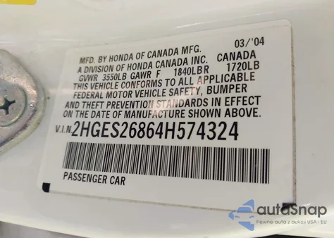 2004 Honda Civic Ex z USA, uszkodzony, nr VIN 2HGES26864H574324